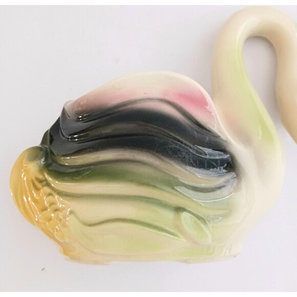 VTG  Mid Century Swan Planter Ceramic Made in USA Green/Pink/Blk  Paint Wash - Picture 7 of 12